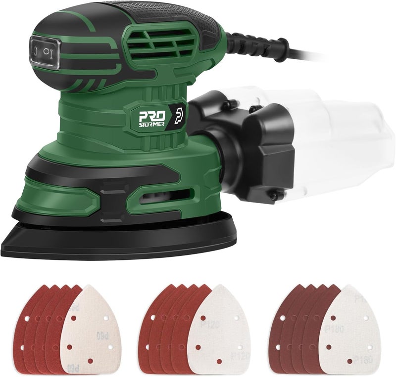 Prostormer Detail Sander, 13000RPM Mouse Sander, 1.6A Electric Palm Sanders with 15Pcs Sandpapers, Dust Collection Box for Tight Spaces Sanding, Polishing, Woodworking in Home Decoration - Image 1